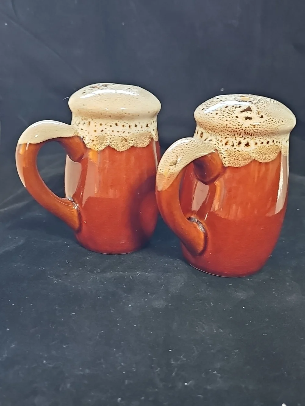 Vintage Brown And Cream Ceramic Salt / Pepper Shaker Mugs with Cream Drip Glaze